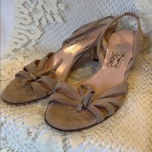 Salvatore Ferragamo Beige Tan Strappy Knot Slingback Heels